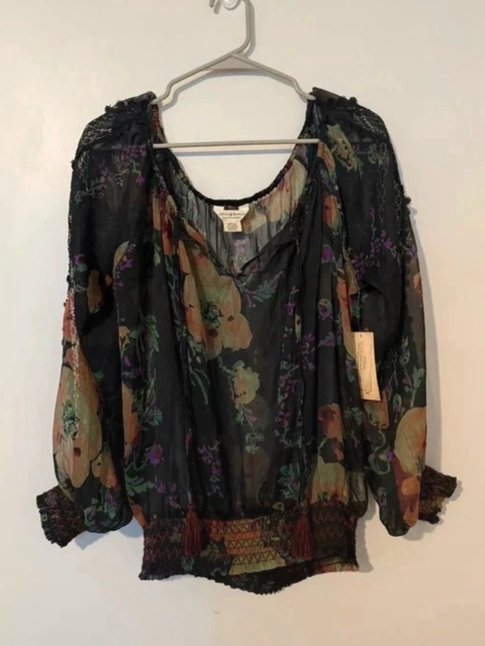 Denim & Supply Ralph Lauren Black Floral Sheer Peasant Blouse